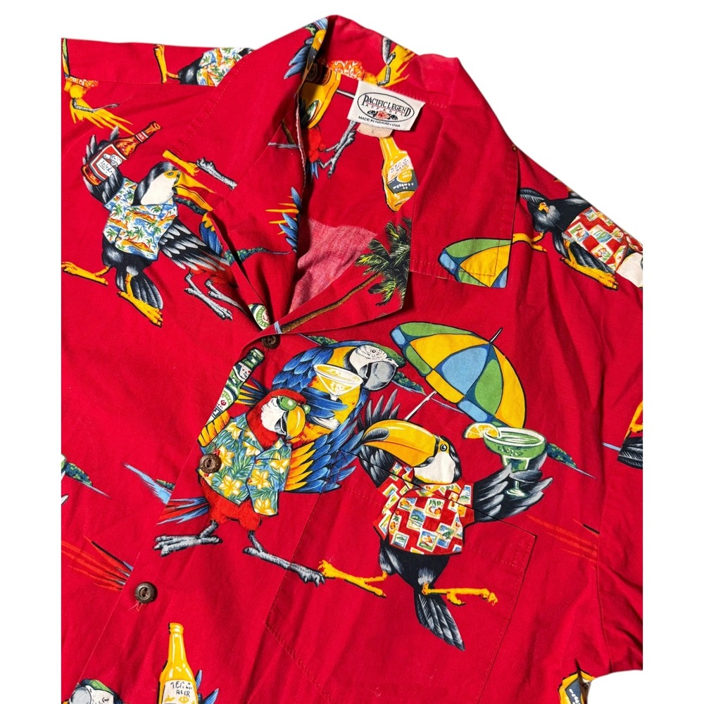 Pacific‎ Legend Hawaiian Shirt Mens L Red Tropical Toucan Parrot Beer